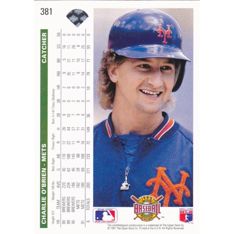 Charlie O'Brien #381 - Mets Upper Deck 1991 Baseball Trading Card
