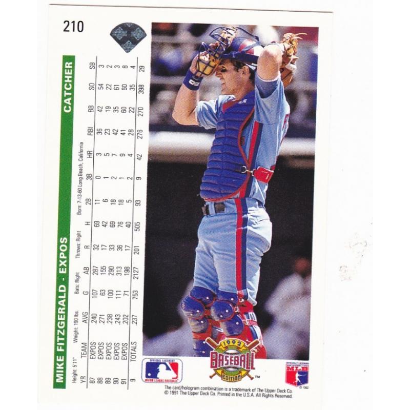 Mike Fitzgerald #210 - Expos 1991 Upper Deck Baseball Trading Card