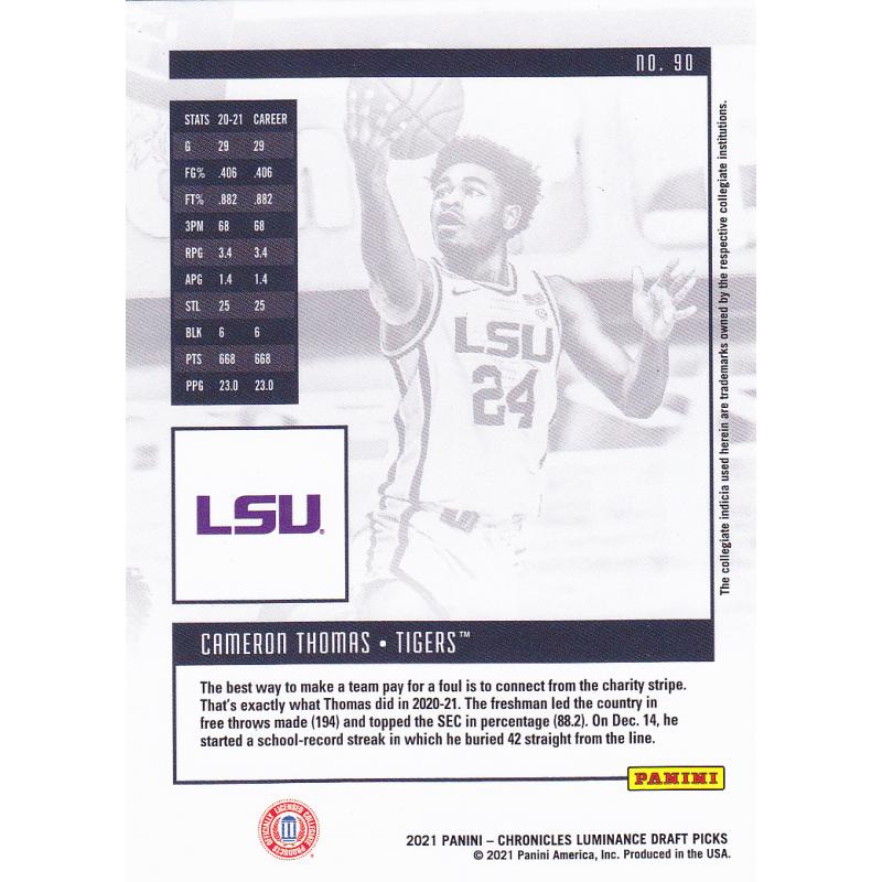 Cameron Thomas #90 - Nets 2021 Panini Luminance Rookie Basketball Trading Card