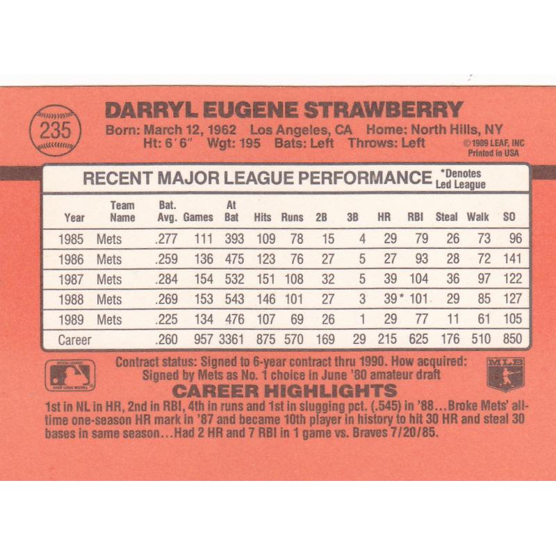 Darryl Strawberry #235 - Mets Donruss 1990 Baseball Trading Card