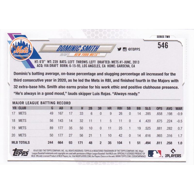 Dominic Smith #546 - Mets Topps 2021 Baseball Trading Card