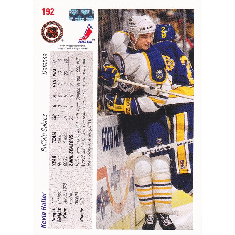 Kevin Haller #192 - Sabres 1992 Upper Deck Hockey Trading Card