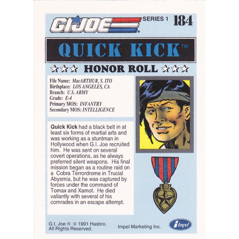 Quick Kick #184 - GI Joe 1991 Trading Card