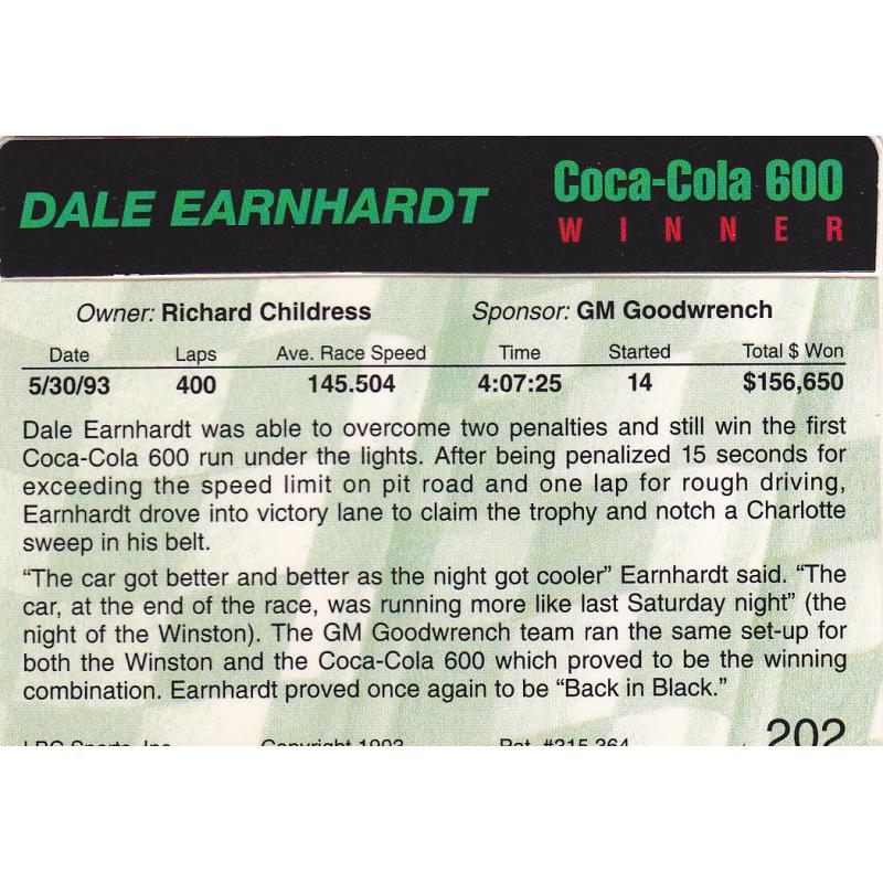 Dale Earnhardt #202 - Nascar 1993 Action Packed Trading Card