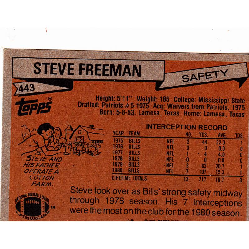 Steve Freeman #443 - Bills 1981 Topps Football Trading Card