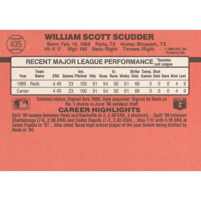 Scott Scudder #435 - Reds 1990 Donruss Baseball Trading Card