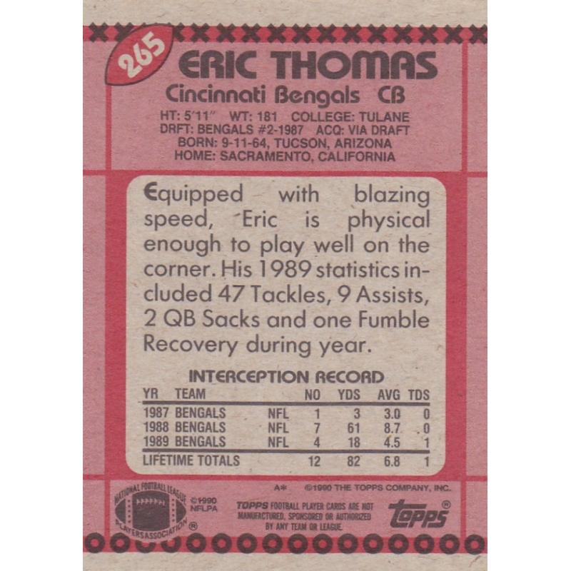 Eric Thomas #265 - Bengals 1990 Topps Football Trading Card