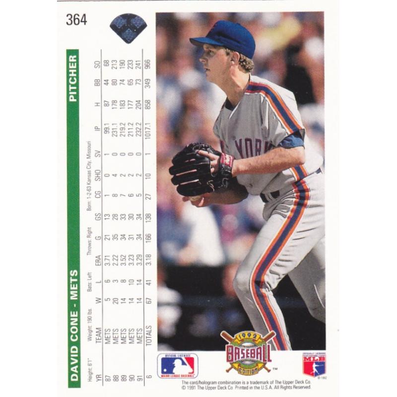 David Cone #364 - Mets Upper Deck 1991 Baseball Trading Card