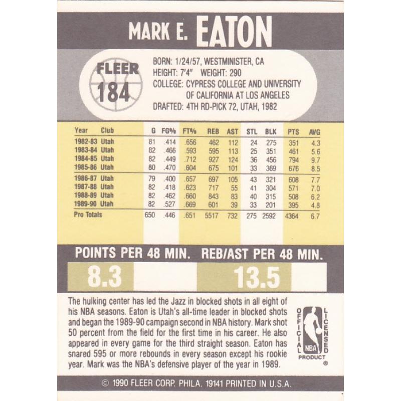 Mark Eaton #184 - Jazz 1990 Fleer Basketball Trading Card