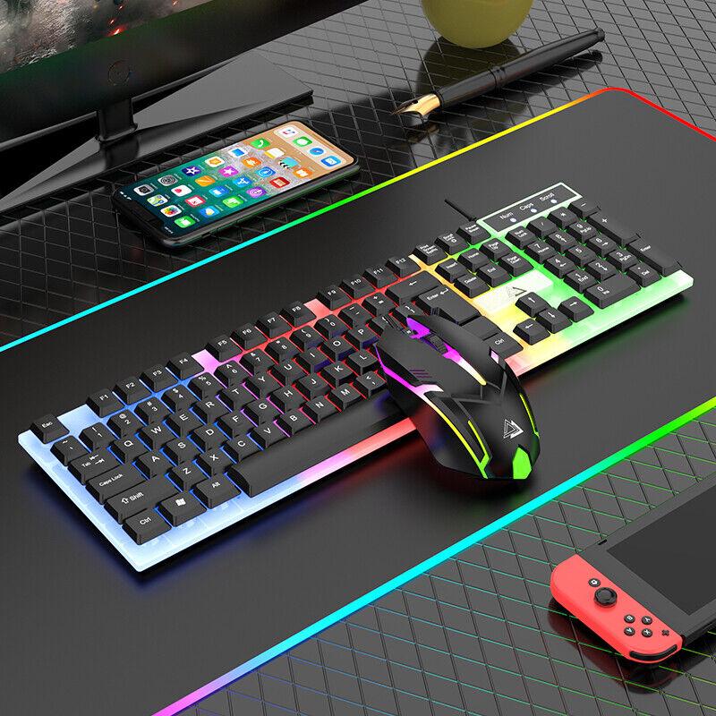 Computer Desktop Gaming Keyboard and Mouse Mechanical Feel Led Light Backlit USA